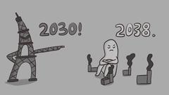 Auf einer Zeichnung ruft ein personifizierter Eifelturm ruft '2030!' währrend ein Männchen zwischen Kohlekraftwerken sitzt und '2038' sagt. (Foto: SR/Luisa Bäßmann)