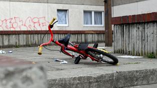 Ein Kinderfahrrad liegt in einem Aufgang zu einem Plattenbau (Foto: picture alliance/dpa/dpa-Zentralbild | Britta Pedersen)