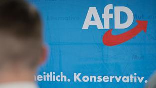 Eine Person geht an einem Aufsteller mit dem Logo der AfD vorbei. (Foto: picture alliance/dpa | Oliver Dietze)