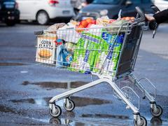 Ein Kunde schiebt einen bis zum Rand gefüllten Einkaufswagen über den Parkplatz eines Supermarktes. (Foto: picture alliance/dpa | Matthias Balk)