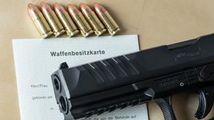 Eine Waffe, Patronen und eine Waffenbesitzkarte liegen auf einem Tisch. (Foto: picture alliance/dpa | Silas Stein)
