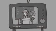 Eine schwarzweiße Comiczeichnung zeigt Harald Lesch mit einer Weltkugel in einem Fernseh-Apparat. (Foto: SR/Luisa Bäßmann)