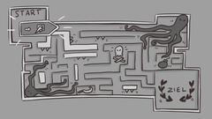 Auf einer schwarzweißen Zeichnung sieht man ein Labyrinth, das voller Gefahren wie Kraken und Bomben steckt. (Foto: SR/Luisa Bäßmann)