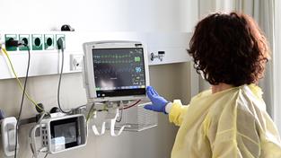 Eine Pflegerin schaut in einem Krankenzimmer auf einen Monitor einer Patientin (Foto: picture alliance/dpa | Bernd Weißbrod)
