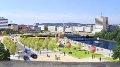 Stadtmitte am Fluss: Die Fotomontage von 2005 zeigt die damaligen Pläne der Stadt Saarbrücken, die Stadtautobahn entlang der Saar in einen Tunnel unter eimem neu zu errichtenden Park zu verlegen (Foto: dpa/Stadt Saarbrücken)