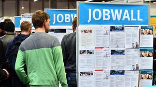 Stellenangebote an der sogenannten "Jobwall" (Foto: picture alliance / Martin Schutt/dpa-Zentralbild/dpa | Martin Schutt)