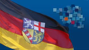 Saarlandflagge mit dem Logo der Umfrage (Foto: Imago Images/Weinmüller/SR/infratest dimap)