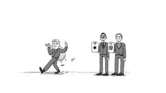Comiczeichnung: Ein Mann mit Geldsack und zwei mit Symbolen, die sie sich vor die Brust halten (Foto: SR/Eric Heit)