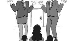 Comiczeichnung: Zwei ratlose Menschen stehen mit Schlüsseln in den Hosentaschen vor einer Tür (Foto: SR/Eric Heit)