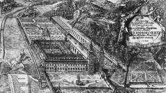 ... im ehemaligen Wirtschaftsgebäude der Abtei Wadgassen eröffnet. Ein Kupferstich aus dem Jahr 1736 zeigt die Abtei vor der Französischen Revolution. (Foto: Landesarchiv Saarland)