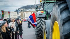 Teilnehmer der Bauerndemo neben Traktoren in Saarbrücken (Foto: BeckerBredel)
