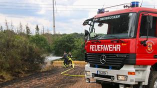 Einsatzkräfte der Feuerwehr löschen einen Flächenbrand bei Homburg. (Foto: Brandon Lee Posse)