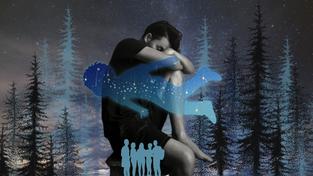 Ein Jugendlicher sitzt auf einem Hocker, Teile seines Gesichts sind von seinen Armen verdeckt, die er auf seinem aufgestellten Knie abgelegt hat. Vor ihm schwebt die Silhouette eines Kindes, in der sich ein Sternenhimmel befindet. Um ihn herum ist ein Wald bei Nacht und klein unten am Rand fünf Silhouetten von anderen Jugendlichen, den Figuren aus dem Hörspiel “Sternschnupfen”.  (Foto: pixabay / 52Hertz, 愚木混株 Cdd20 // Bearb. Marie Kribelbauer)