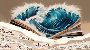 Ein aufgeschlagenes Wörterbuch, aus dessen Seiten hohe blaue Wellen schlagen. Im Buch und um das Buch herum befinden sich abgerissene Zettel mit Ausschnitten aus Johann Jakob Sprengs Wörterbuch.  (Foto: Marie Kribelbauer)