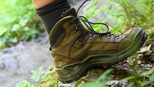 Ein Wanderschuh auf einem Waldweg (Foto: IMAGO / Petra Schneider)