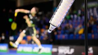 Ein Halter mit Federbällen steht am Rand eines Badmintonfeldes (Foto: IMAGO / Sven Simon)