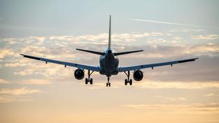 Flugzeug schwebt knapp über der Landbahn vor sonnengefärbtem Himmel (Foto: IMAGO / Jochen Tack)