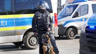 Ein Polizist mit Diensthund im Einsatz (Foto: IMAGO / Sabine Gudath)
