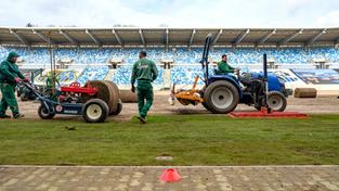 Der neue Rasen wird im Ludwigspark-Stadion verlegt. (Foto: SR / Sebastian Knöbber)