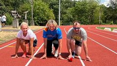 Am Start: Das SR 1 Morningshow-Team Maren Dinkela und Frank Falkenauer mit Heike Drechsler (Foto: SR)