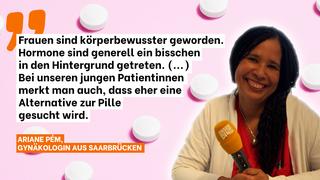 Links ein niedergeschriebenes Zitat, rechts daneben ein Foto einer Frau. Ein rosafarbender Hintergrund mit kleinen Tabletten ist zu sehen. (Foto: UNSERDING)